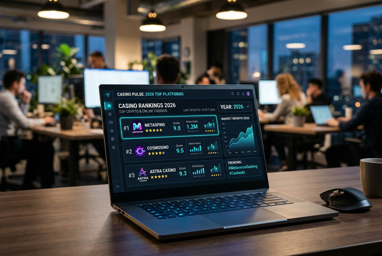 A modern laptop displaying a casino ranking table with 2026 tech aesthetics.