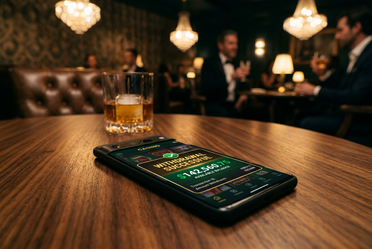 Elegancki smartfon z powiadomieniem o udanej wypłacie VIP w kasynie.